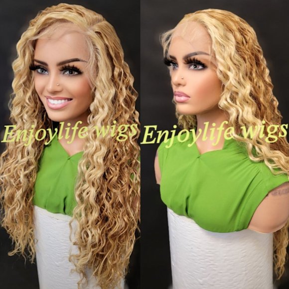 celebrity triple golden blonde highlighted wavy lace h.d lace wig